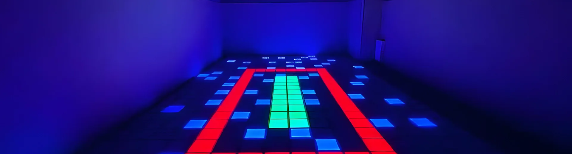 A Lava Floor room lit for a level: a red lava border, a green safe strip and blue tiles to clear